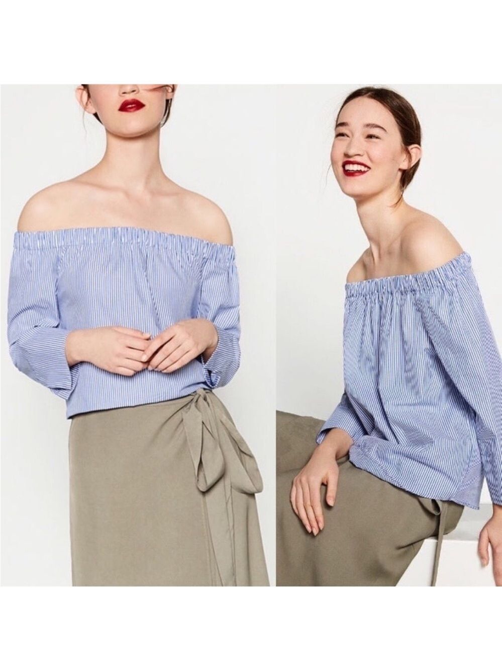Zara Woman Blue Pinstripe Off the Shoulder Poplin Blouse, Size S